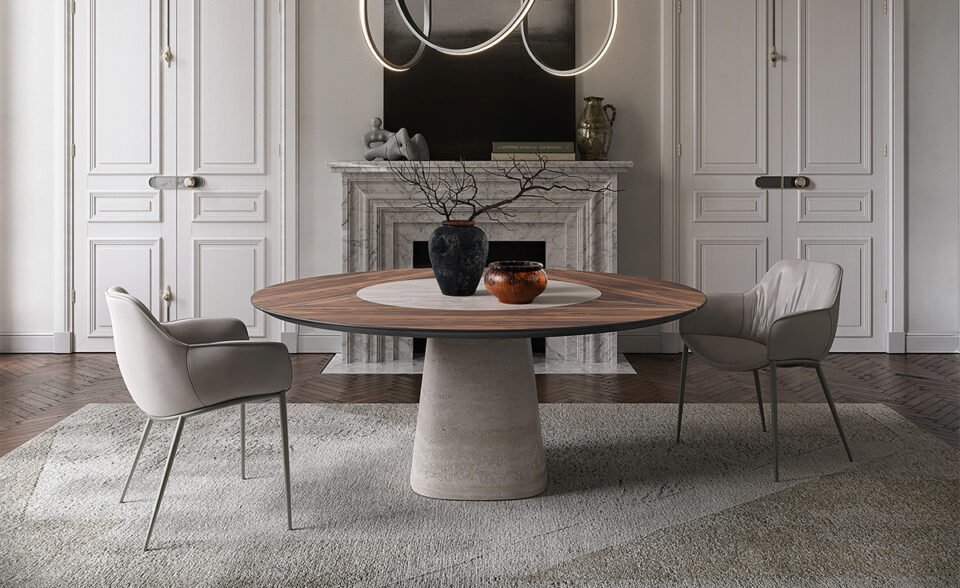 Rado Ker-Wood Round table marie bois noble et céramique sculpturale pour une salle à manger moderne et raffinée. Disponible chez D-Style Interior.
