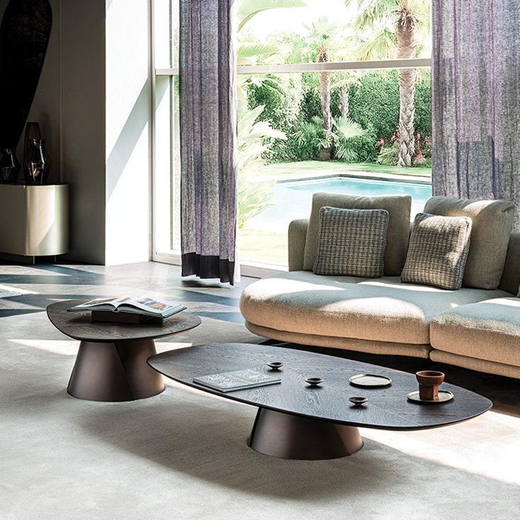 Table basse design haut de gamme Adrian Wood par Cattelan Italia, plateau bois avec incrustations contrastées et base conique métallique, disponible chez D-Style Interior.