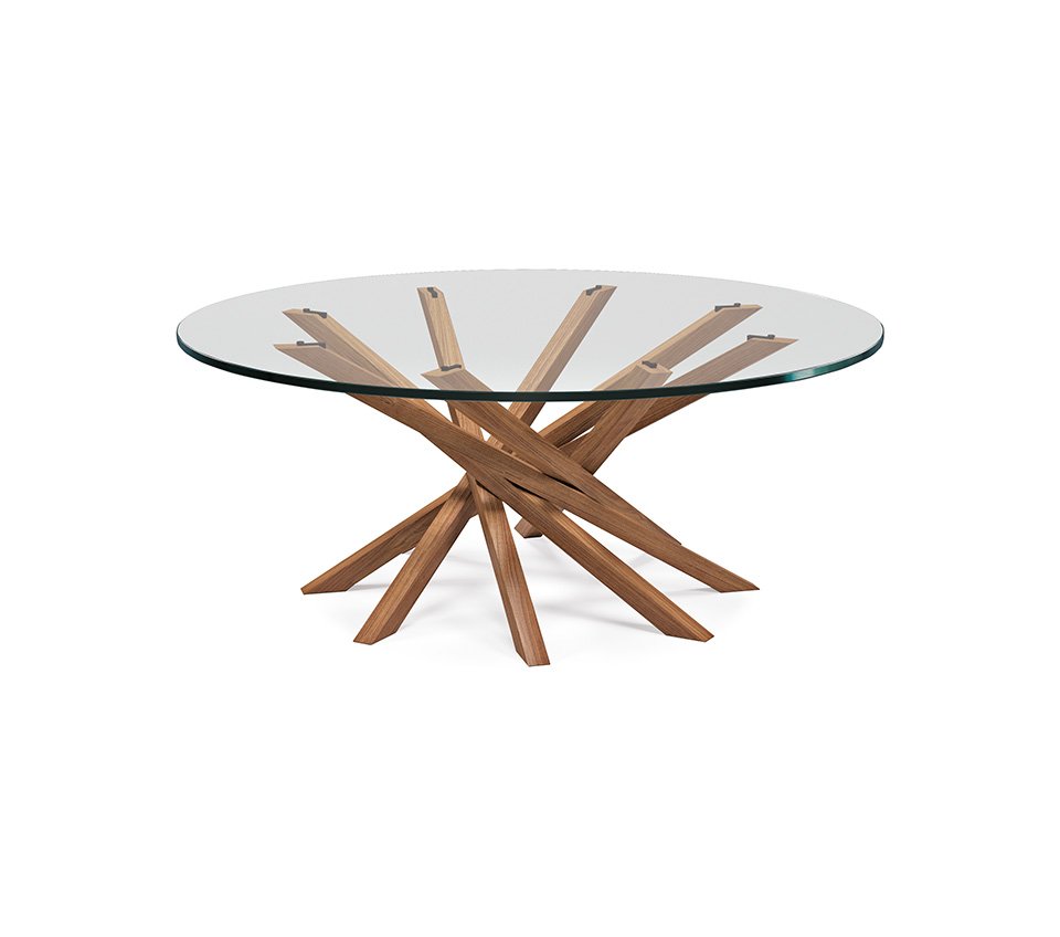 Table basse design haut de gamme Atari par Cattelan Italia, plateau verre avec base spirale bois style Mikado, disponible chez D-Style Interior.