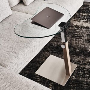 Table basse design haut de gamme Lap par Cattelan Italia, hauteur ajustable avec plateau verre et base acier ou cuir, disponible chez D-Style Interior.