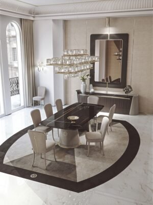 Patrizi tapis design haut de gamme en laine avec motif contrasté et logo VF en finition bijou. Disponible chez D-Style Interior.