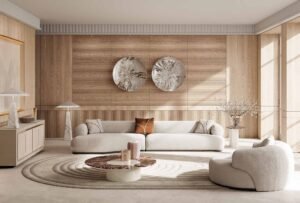 Monaco canapé design haut de gamme par Vittoria Frigerio, aux formes douces et modulables, avec base en cuir et finitions raffinées. Disponible chez D-Style Interior.