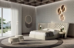 Medici grand lit design haut de gamme avec grand tête de lit capitonnée, coussins lombaires intégrés et structure épurée. Disponible chez D-Style Interior.