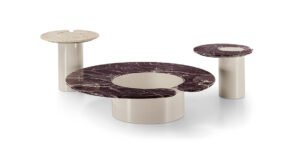 Leni table basse design en bois laqué brillant et marbre par Vittoria Frigerio. Élégante, contemporaine et personnalisable. Disponible chez D-Style Interior.