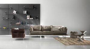 Boulevard bibliothèque de Gamma Arredamenti, design moderne en cuir et verre, modulable et élégante pour tout intérieur. Disponible chez D-Style Interior.