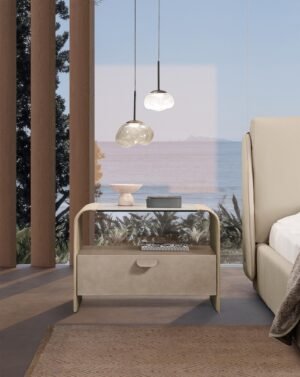 Zen table de chevet de Gamma Arredamenti, design moderne avec tiroir soft-close en cuir et plateau en céramique ou marbre. Disponible chez D-Style Interior.